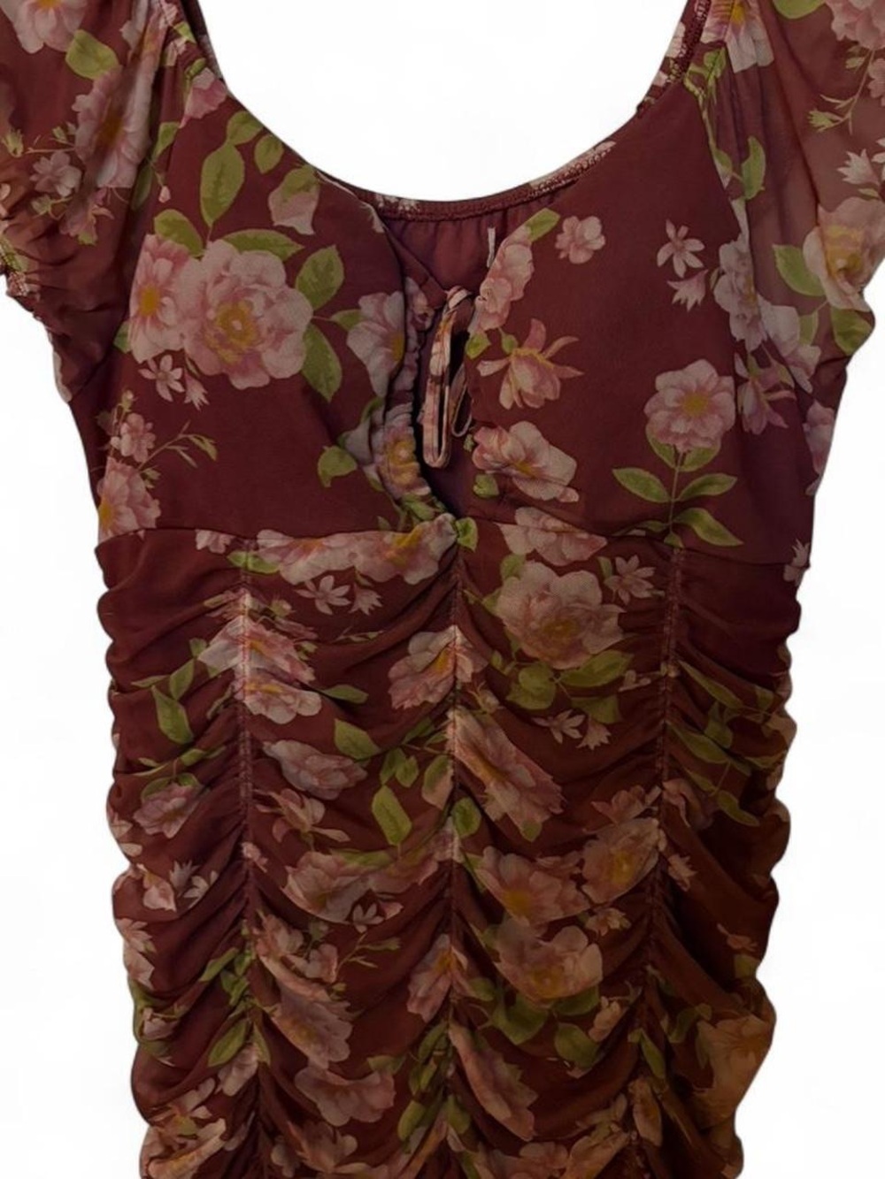 Floral Ruched Scoop Neck Top in Maroon